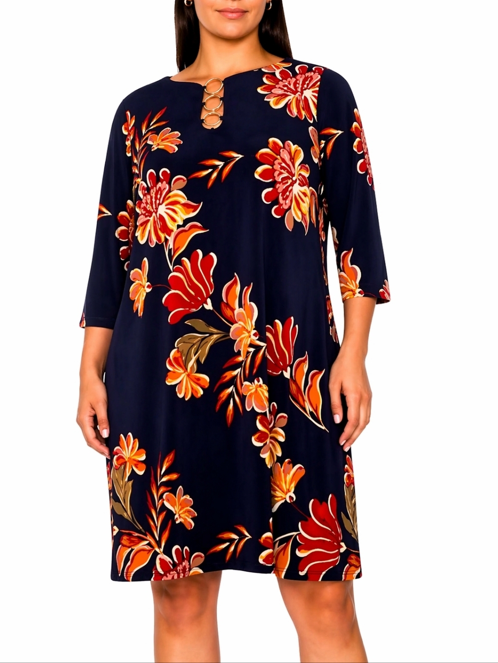MSK Floral Shift Dress 1X Navy Orange Keyhole 3/4 Sleeve Knee Length NWT